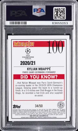 2020 TOPPS MERLIN CHROME CHAMPIONS LEAGUE #100 KYLIAN MBAPPE 34/50 PSA 10 - Image 2
