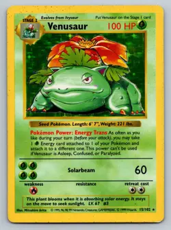 Pokemon TCG Venusaur 15/102 Base Set Shadowless Holo Rare 100 HP English 1999 - Image 1