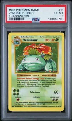Pokemon TCG 1999 Venusaur Base Set Shadowless Holo 15/102 PSA 6 - Image 1