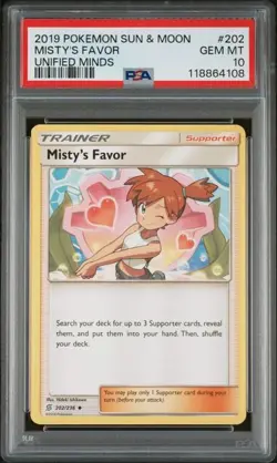PSA 10 GEM MINT Misty's Favor Unified Minds Pokemon Card 202/236 - Image 1