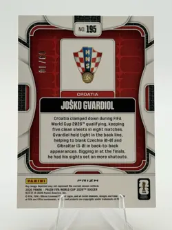 2026 Panini Prizm Josko Gvardiol Gold Prizm /10 Croatia 09/10 - Image 2