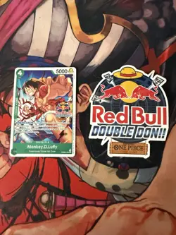 Bandai One Piece Card Game Red Bull Double Don! Luffy Promo and Sticker - Image 1
