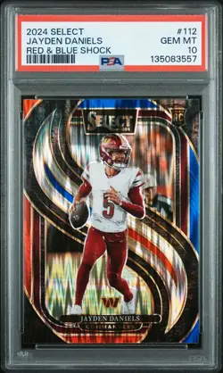 2024 PANINI SELECT RED & BLUE SHOCK #112 JAYDEN DANIELS RC COMMANDERS PSA 10 - Image 1