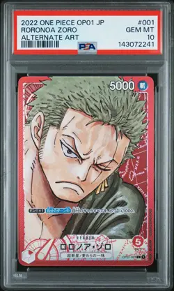 2022 ONE PIECE JAPANESE OP01-ROMANCE DAWN ALTERNATE ART #001 RORONOA ZORO PSA 10 - Image 1