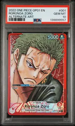 2022 ONE PIECE OP01-ROMANCE DAWN ALTERNATE ART #001 RORONOA ZORO PSA 10 - Image 1