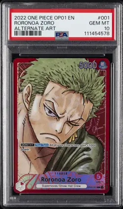 2022 ONE PIECE OP01-ROMANCE DAWN ALTERNATE ART #001 RORONOA ZORO PSA 10 - Image 1