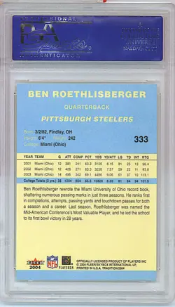 2004 FLEER TRADITION Ben Roethlisberger BLUE PSA GEM MINT 10 #333 Steelers RC - Image 2