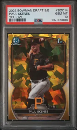 2023 Bowman Draft #BDC-14 Paul Skenes Chrome Yellow Refractor PSA 10 #/75 - Image 1