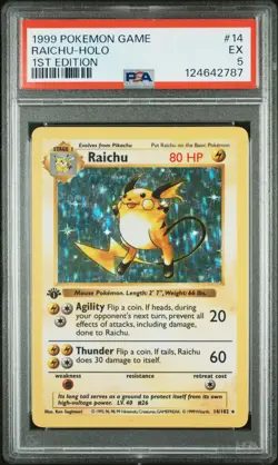 1999 POKEMON BASE SET 1ST EDITION #14 RAICHU-HOLO PSA 5 - Image 1