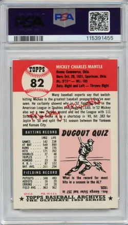1991 Topps Archives Mickey Mantle 1953 Reprint #82 PSA 9 MINT HOF NY Yankees - Image 2