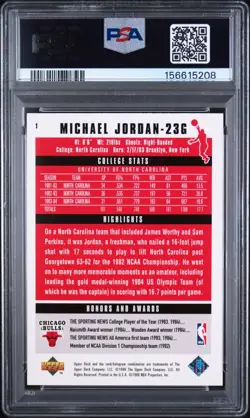 1984-85 ROOKIE 1998 UD MJ CAREER RC CARD #1 MICHAEL JORDAN PSA 8 COLLECTION - Image 2
