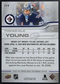 2025-26 Upper Deck Young Guns Thomas Milic Rookie Winnipeg Jets #719 - Image 2