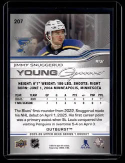 2025-26 Upper Deck Young Guns Outburst Jimmy Snuggerud RC #207 - Image 2