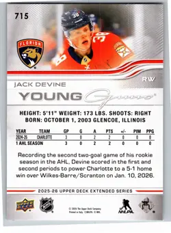 2025-26 Upper Deck Extended Series Jack Devine Young Guns Florida Panthers - Image 2