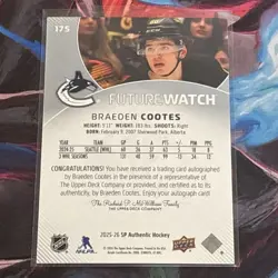 2025-26 SP Authentic Future Watch Auto Braeden Cootes /999 #175 Vancouver - Image 2