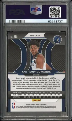 2020-21 Panini Prizm Anthony Edwards Silver Prizm #258 RC PSA 10 Gem Mint - Image 4