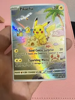 Beach Pikachu Pokemon Card TCG DISPLAY ART CARD With Psyduck Squirtle Slowpoke - Image 2