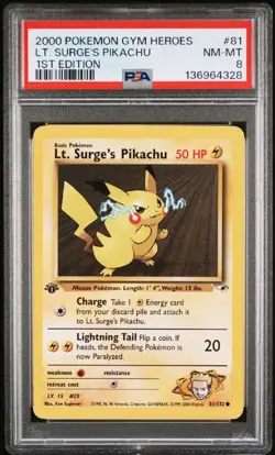 Pokemon 2000 Gym Heroes Lt. Surge's Pikachu 1st Edition #81/132 PSA 8 - Image 1