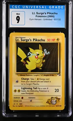 2000 POKEMON GYM HEROES 1ST EDITION #81/132 LT. SURGE'S PIKACHU CGC 9 - Image 1