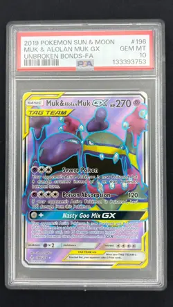 Muk & Alolan Muk GX 196/214 - Unbroken Bonds - Graded PSA 10 GEM MT Pokemon Card - Image 1