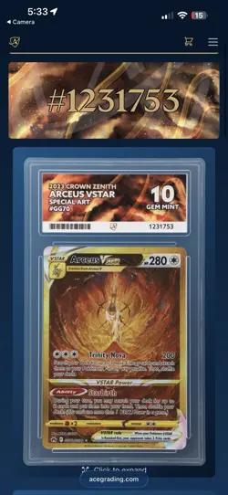 Pokemon TCG Arceus VSTAR GG70/GG70 Crown Zenith Special Art Ace 10 Eng - Image 3
