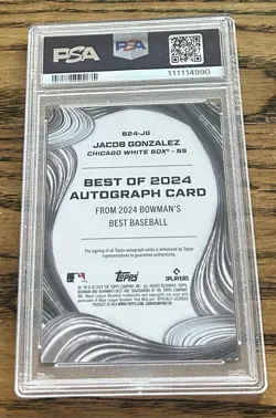 JACOB GONZALEZ 2024 Bowman's Best Auto Blue Refractor #/150 White Sox PSA 10 - Image 2