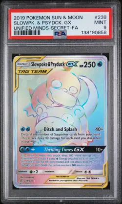 Pokemon GX Tag Team Slowpoke Psyduck Card 239/236 RAINBOW RARE PSA - Image 3
