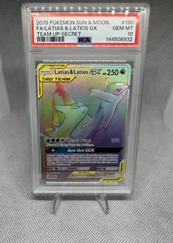 2019 POKEMON SUN & MOON TEAM UP SECRET #190 FULL ART/LATIAS & LATIOS GX PSA 10 - Image 1