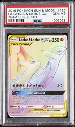 2019 POKEMON SUN & MOON TEAM UP SECRET #190 FULL ART/LATIAS & LATIOS GX PSA 10 - Image 1