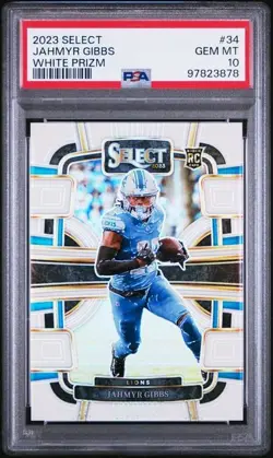 2023 Panini Select Concourse Level Jahmyr Gibbs #34 White Prizm /35 (RC) PSA 10 - Image 1