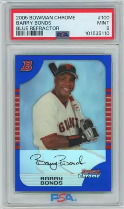 2005 BOWMAN CHROME #100 BARRY BONDS BLUE REFRACTOR /150 GIANTS PSA 9 - Image 1