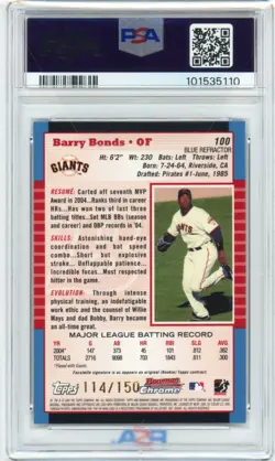 2005 BOWMAN CHROME #100 BARRY BONDS BLUE REFRACTOR /150 GIANTS PSA 9 - Image 3