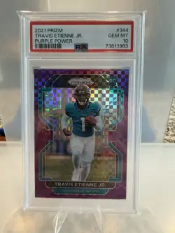 2021 Panini Prizm Rookie Travis Etienne #344 Purple Power Prizm /49 (RC) PSA 10 - Image 1