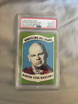 BARON VON RASCHKE 1982 WRESTLING ALL STARS 31 SIGNED INSCRIBED RC PSA 6 AUTO 10 - Image 1