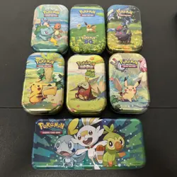 Pokemon Empty Tin Lot of 6 Mini Tins + Pencil Case Tin - Pikachu, Eevee, Bulba - Image 1