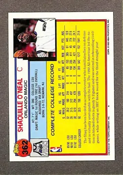 Shaquille O'Neal Rookie Card 1992-93 Topps # 362 Orlando Magic - Image 2