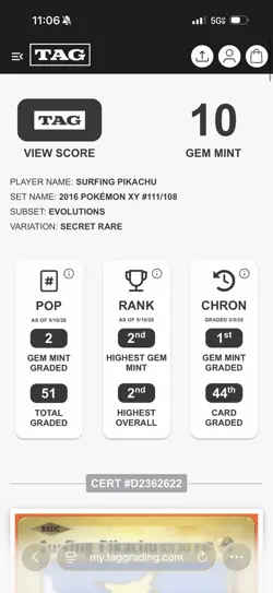 2016 Surfing Pikachu 111/108 XY Evolutions TAG 10 PSA 10 Pokemon TCG Low Pop! - Image 3