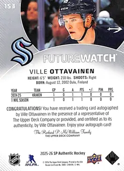 2025-26 Upper Deck SP Authentic Future Watch Auto Ville Ottavainen /999 RC #153 - Image 4