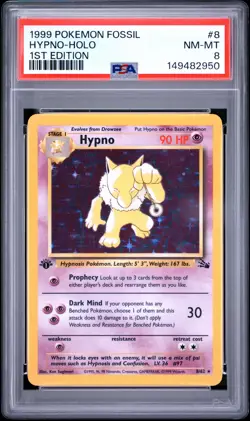 1999 POKEMON FOSSIL 1ST EDITION #8 HYPNO-HOLO PSA 8 - Image 1