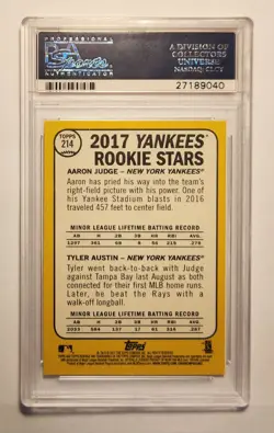 2017 Topps Heritage #214 Rookie Stars, Aaron Judge & Tyler Austin, PSA 10 GEM MT - Image 3