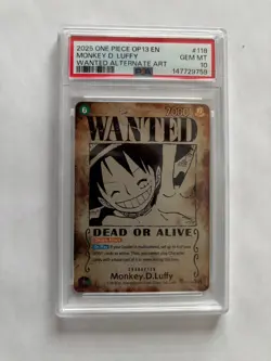 One Piece Monkey.D.Luffy Carrying On His Will OP13-118 Wanted Alt Art PSA 10 - Image 1