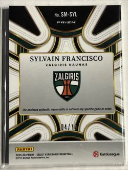 2025-26 Panini Select Euroleague Sylvain Francisco GOLD Jersey Patch 4/10 - Image 2