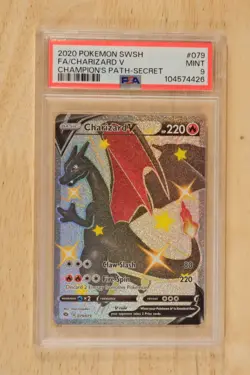 2020 POKEMON SWORD & SHIELD CHAMPION'S PATH SECRET FA/CHARIZARD V PSA 9 #079 - Image 1