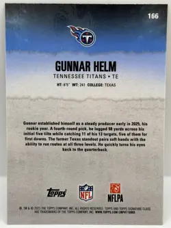 Gunnar Helm ‘25 Topps Signature Class RC Purple 023/100 Card No. 166 Tenn Titans - Image 2
