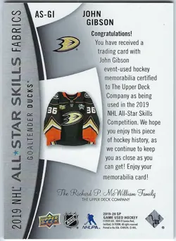 2016-17 SP Game Used 2016 All-Star Skills Fabrics John Gibson #AS-GI - Image 2