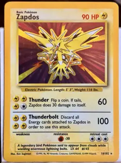 Zapdos 16/102 Base Set Unlimited Holo Rare 1999 90HP Pokemon Card NM - Image 1