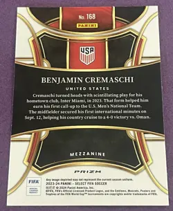 2023-24 Panini Select Benjamin Cremaschi Red White Blue Mezzanine USA RC RARE - Image 4