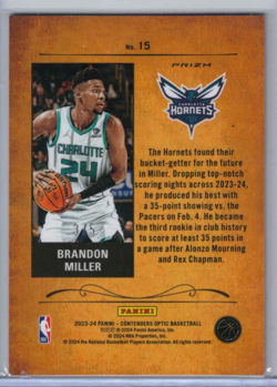 23-24 Optic Contenders Brandon Miller Jade Cracked Ice Rookie Roundup RC /5 - Image 2