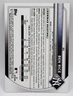 2025 Bowman Chrome Ben Rice Rookie Red RC SP #85 New York Yankees - Image 2