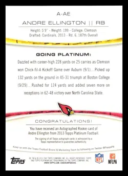 2013 Topps Platinum Auto Rookie Refractors Andre Ellington #A-AE Auto RC - Image 2
